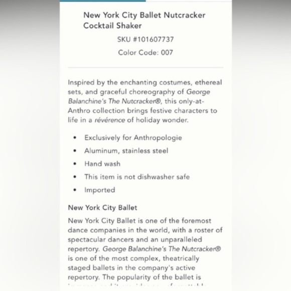 Anthropologie New York City Ballet Nutcracker Cocktail Shaker New with Tags - Picture 3 of 8